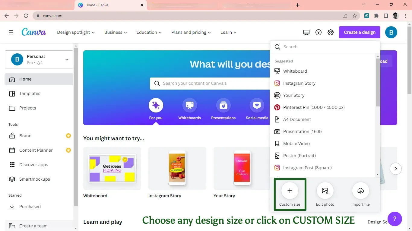 Canva choose design size