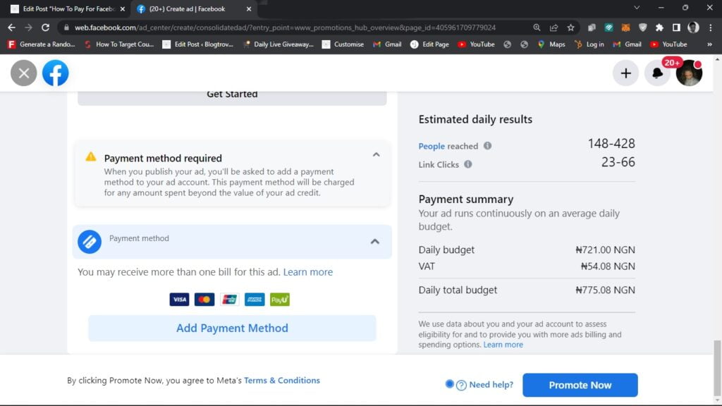 Facebook create ad page - payment method