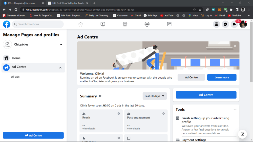 Facebook ad centre page