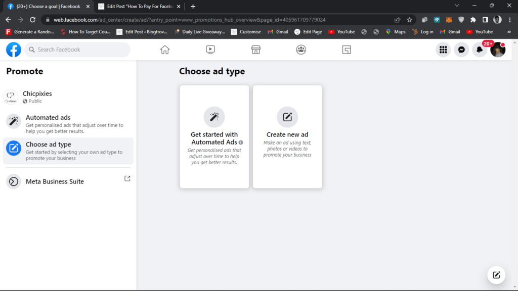 Facebook choose ad type page